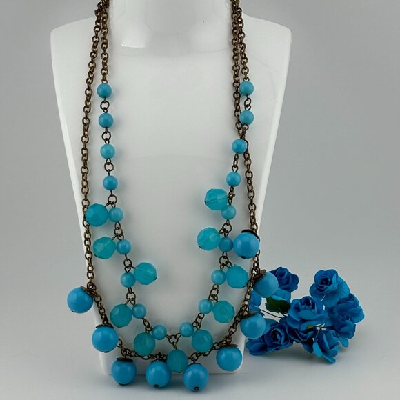 Vintage Double Chain Blue Bead Necklace - Picture 1 of 4